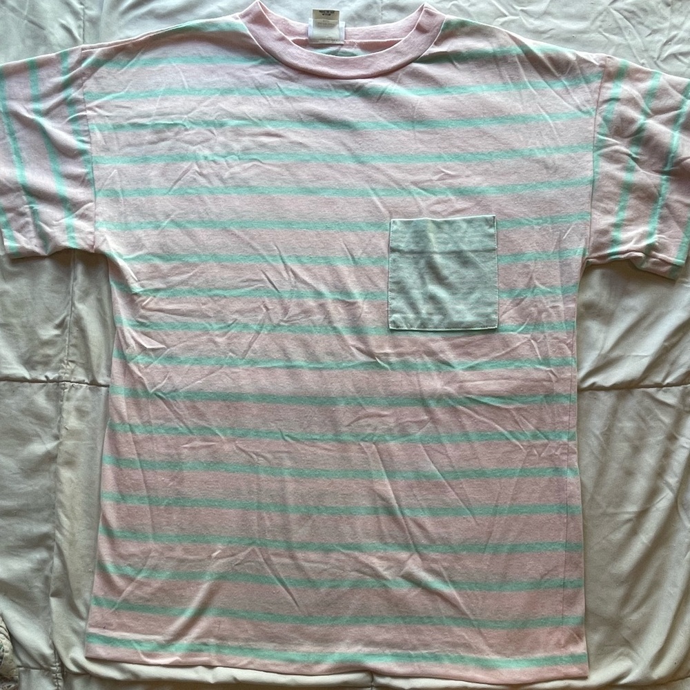 Striped Short Sleeve Tee with Chest Pocket in Pink and Mint